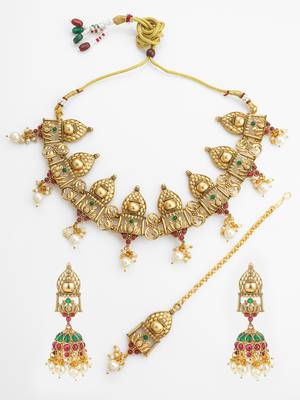 Antique gold temple choker necklace set with jhumka earrings and maangtika 4