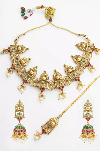 Antique gold temple choker necklace set with jhumka earrings and maangtika