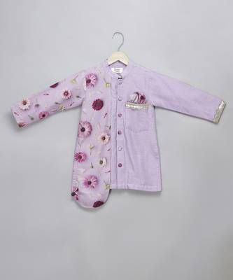 Lavender printed cotton silk Men Kurta Set 3