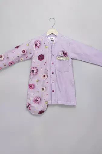 Lavender printed cotton silk Men Kurta Set