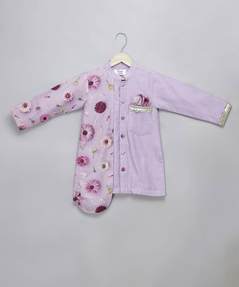 Lavender printed cotton silk Men Kurta Set