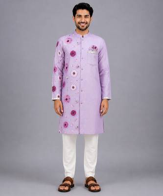 Lavender printed cotton silk Men Kurta Set 8