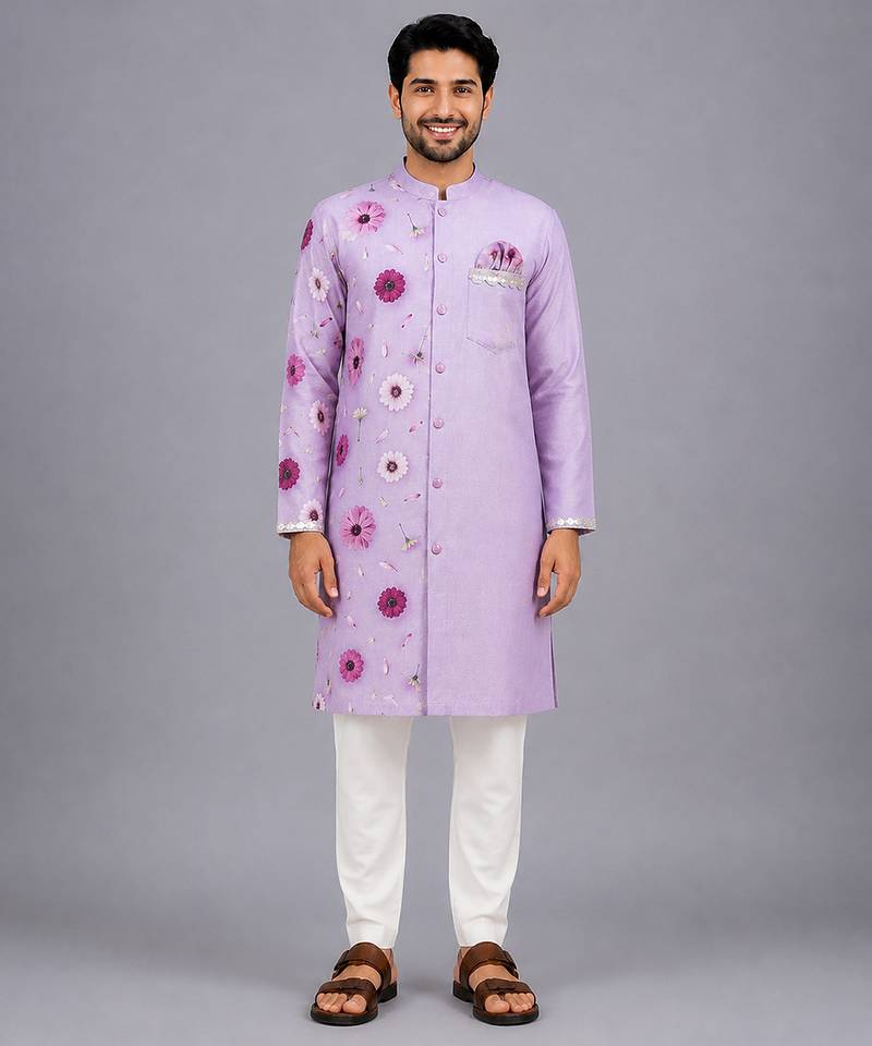 Lavender printed cotton silk Men Kurta Set