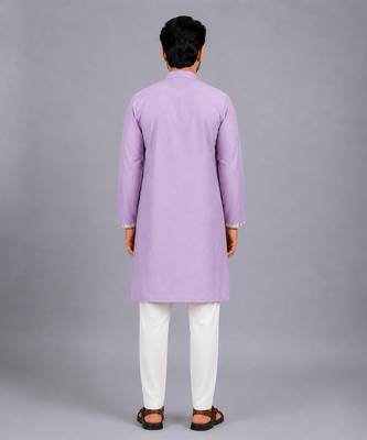 Lavender printed cotton silk Men Kurta Set 9