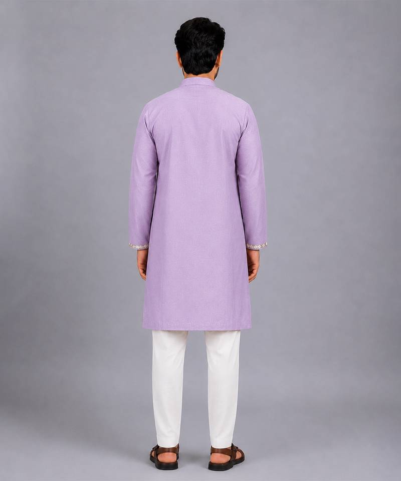 Lavender printed cotton silk Men Kurta Set