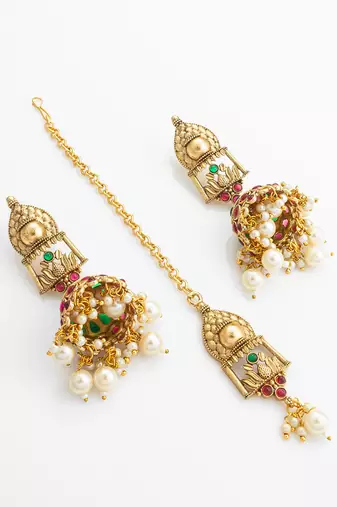 Antique gold temple choker necklace set with jhumka earrings and maangtika