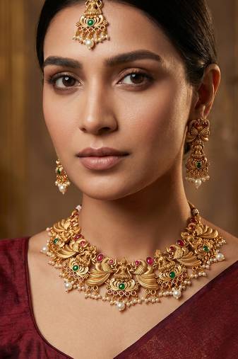 Antique gold lakshmi temple necklace set with earrings and maangtika