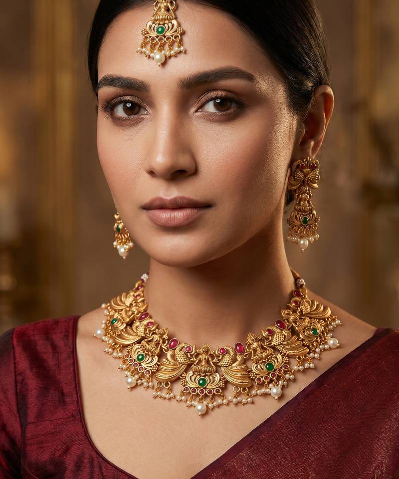 Antique gold lakshmi temple necklace set with earrings and maangtika