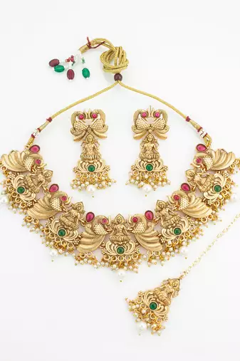 Antique gold lakshmi temple necklace set with earrings and maangtika