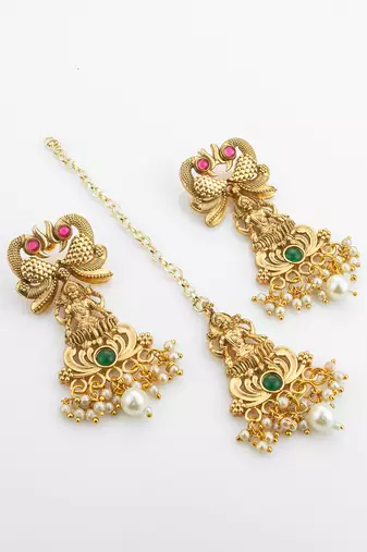Antique gold lakshmi temple necklace set with earrings and maangtika