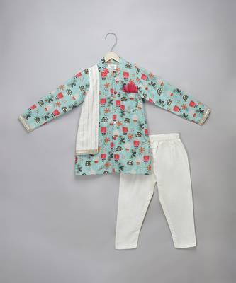 Blue floral printed cotton silk Men Kurta Set 1