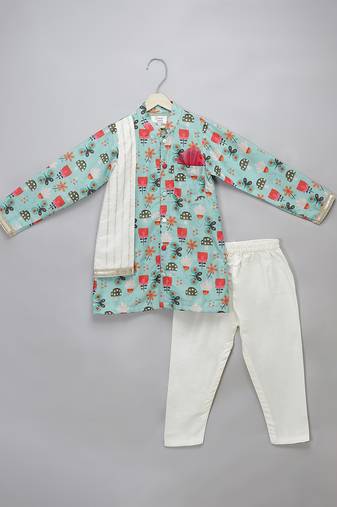 Blue floral printed cotton silk Men Kurta Set