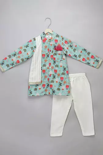 Blue floral printed cotton silk Men Kurta Set