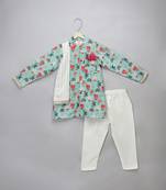 Blue floral printed cotton silk Men Kurta Set