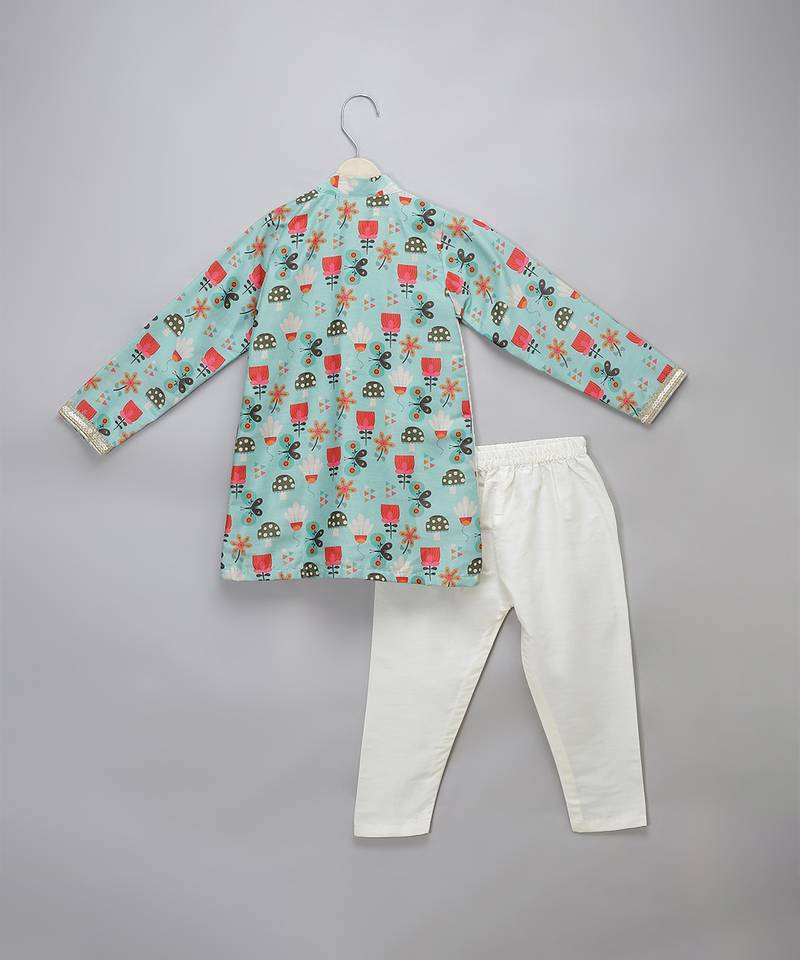 Blue floral printed cotton silk Men Kurta Set