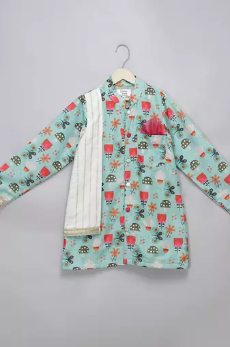 Blue floral printed cotton silk Men Kurta Set