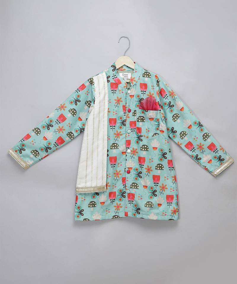 Blue floral printed cotton silk Men Kurta Set