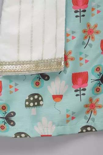 Blue floral printed cotton silk Men Kurta Set