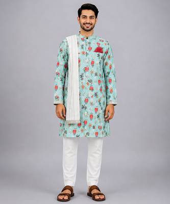 Blue floral printed cotton silk Men Kurta Set 8