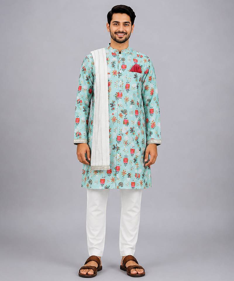 Blue floral printed cotton silk Men Kurta Set
