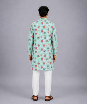 Blue floral printed cotton silk Men Kurta Set 9