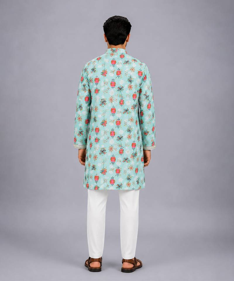 Blue floral printed cotton silk Men Kurta Set