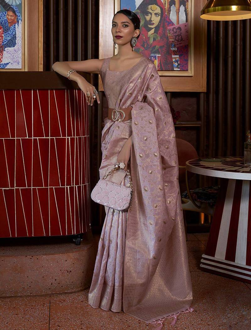 mauve woven design zari banarasi saree
