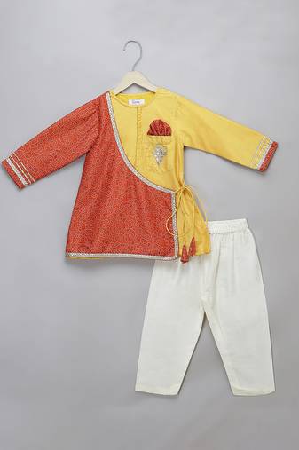 Mustard yellow red cotton silk Men Kurta Set