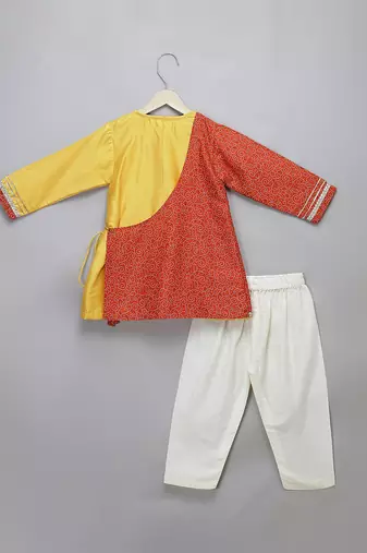 Mustard yellow red cotton silk Men Kurta Set