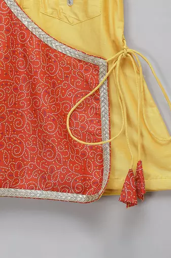 Mustard yellow red cotton silk Men Kurta Set
