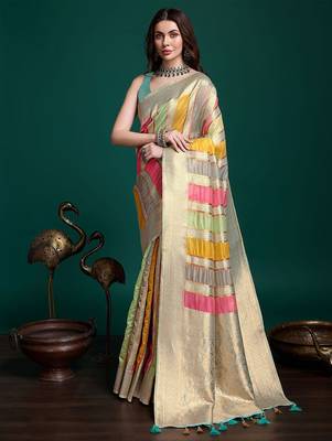 grey woven design zari organza saree 1