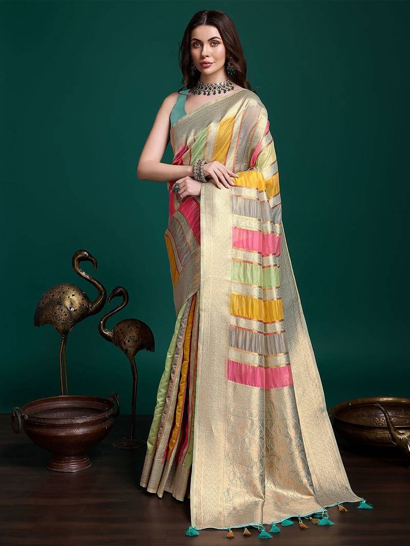 grey woven design zari organza saree