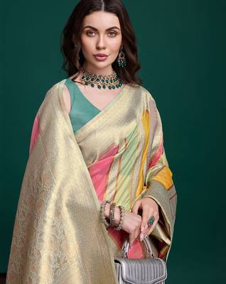 grey woven design zari organza saree 4