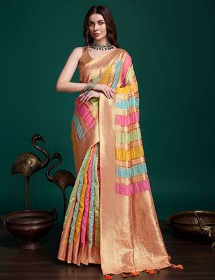 orange woven design zari organza saree 1