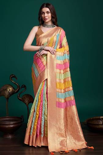orange woven design zari organza saree