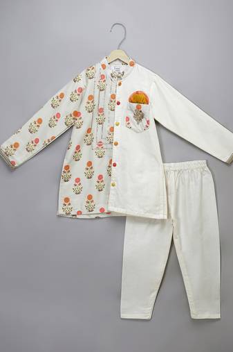 Off white floral printed cotton silk Men Kurta Set