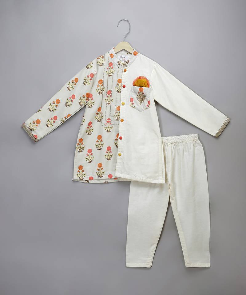 Off white floral printed cotton silk Men Kurta Set
