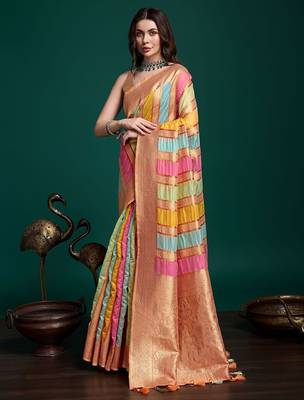 orange woven design zari organza saree 2