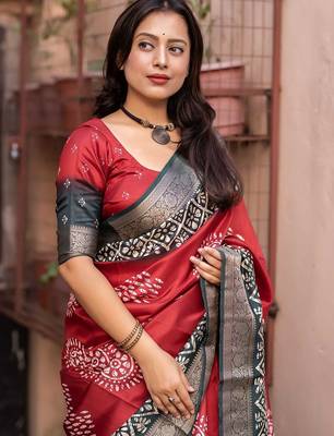 red batik zari saree 3