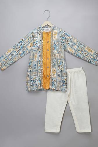 Powder blue printed cotton silk Men Kurta Set