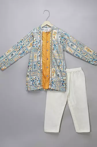 Powder blue printed cotton silk Men Kurta Set