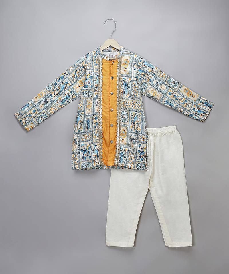 Powder blue printed cotton silk Men Kurta Set