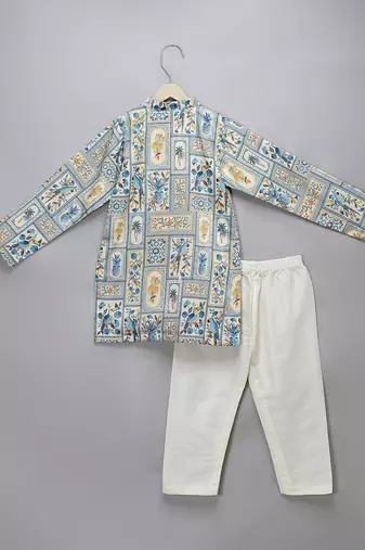 Powder blue printed cotton silk Men Kurta Set