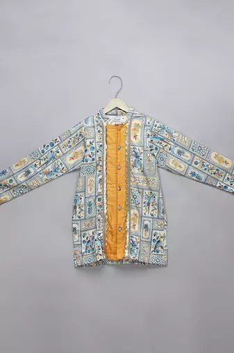 Powder blue printed cotton silk Men Kurta Set