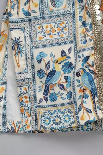 Powder blue printed cotton silk Men Kurta Set