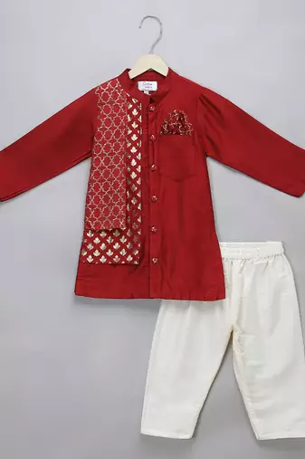 Crimson red cotton silk kurta set