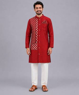 Crimson red cotton silk kurta set 8