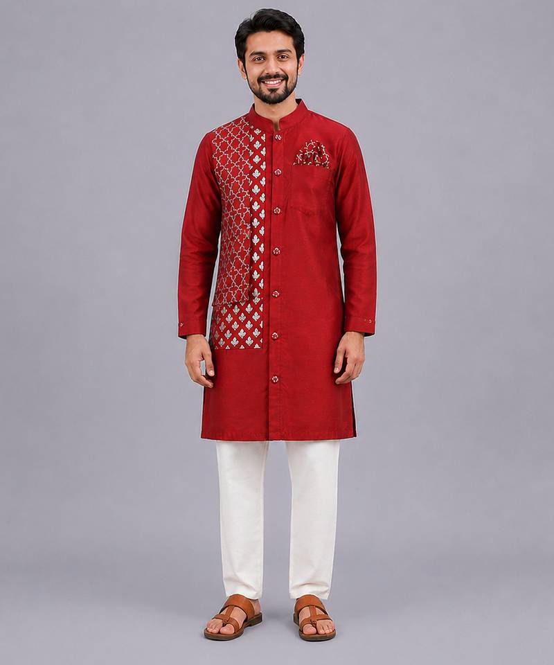 Crimson red cotton silk kurta set