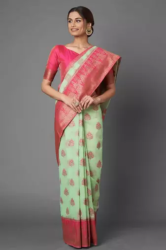 sea_green sea green floral zari silk blend banarasi saree