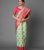 sea_green sea green floral zari silk blend banarasi saree